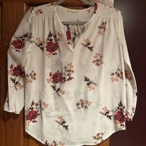 fun 2 fun Cream Floral Notch-Neck Blouse with Rose Print